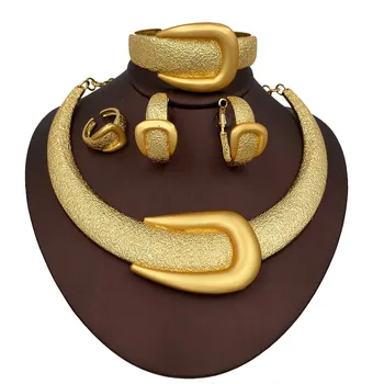 New Exaggerate Jewelry Set Dubai Gold Color Large Necklace Bangle African Big Earring Ring Wide Bracelet Bridal Jewellery