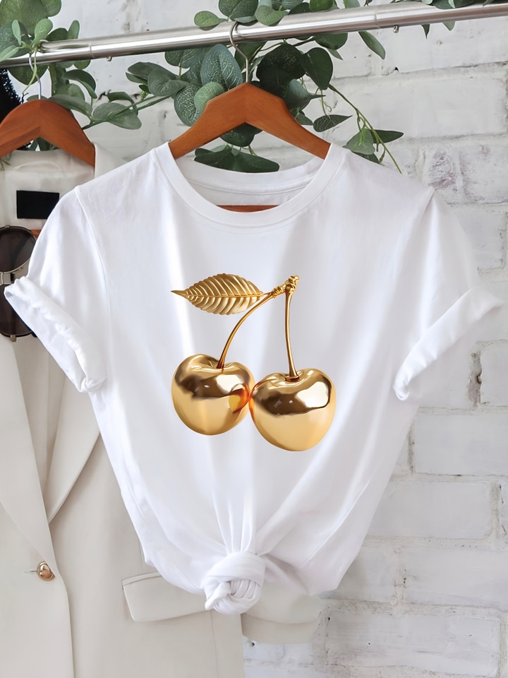 Women'S Casual Summer T-Shirt with Golden Cherry Print Harajuku  Sleeve Casual Women's T-shirt Clothing Street Aesthetic Clothes