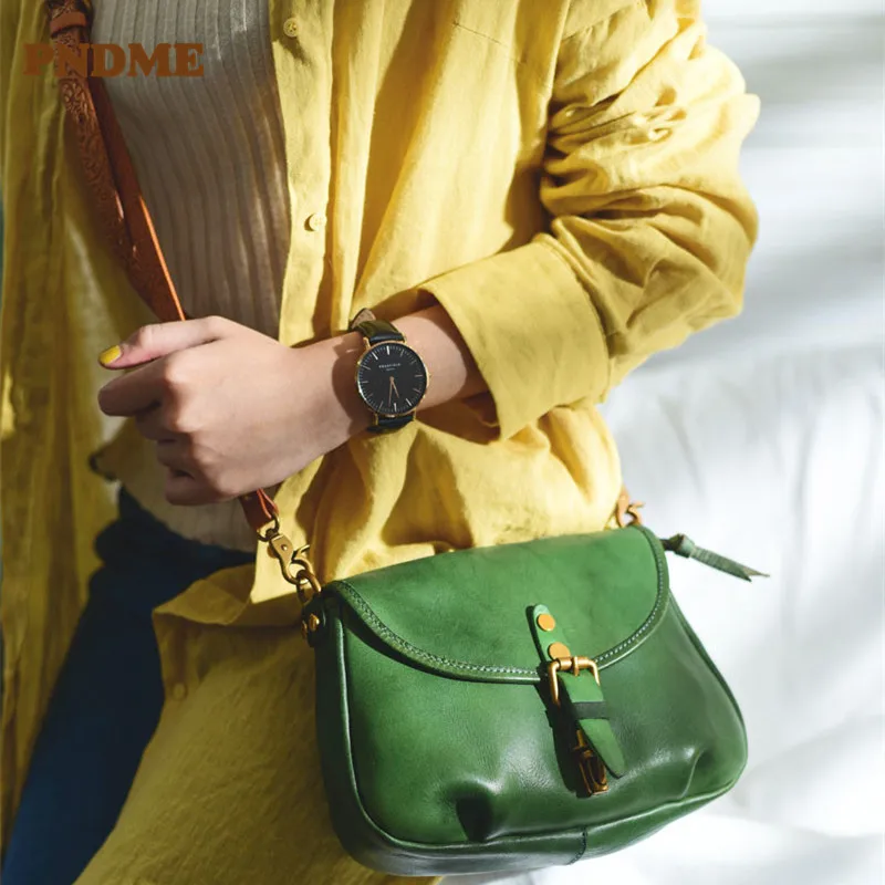 

PNDME fashion casual handmade Genuine leather messenger small bag design natural real cowhide party ladies green shoulder bag