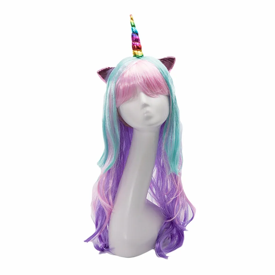 Girls Unicorn Cosplay Hairband Kids Dress UP Wigs Princess Fancy Outfits Accessories Baby Girl Rainbow Braid Synthetic Hair 6
