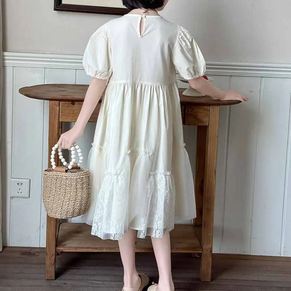 Fashion Loose Girls Puff Sleeve Dress Lace Teenagers Summer Kids Dresses Party Beach Vacation Children Princess Dress Students