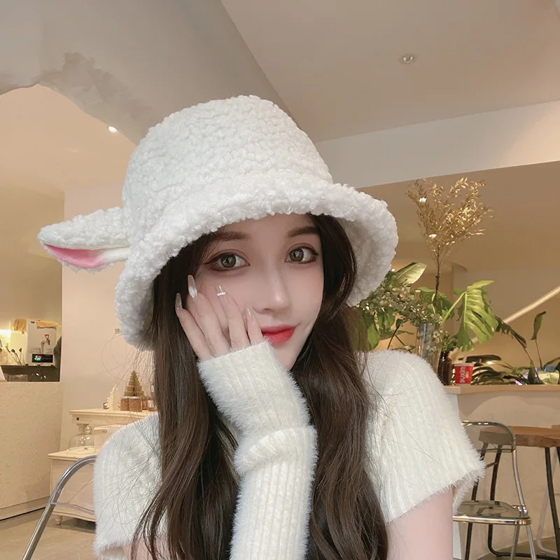 Cute Sheep Ear Bucket Hat Women Winter Warm Plush Panama for Women Warm Faux Fur Soft Female Fisherman Hats