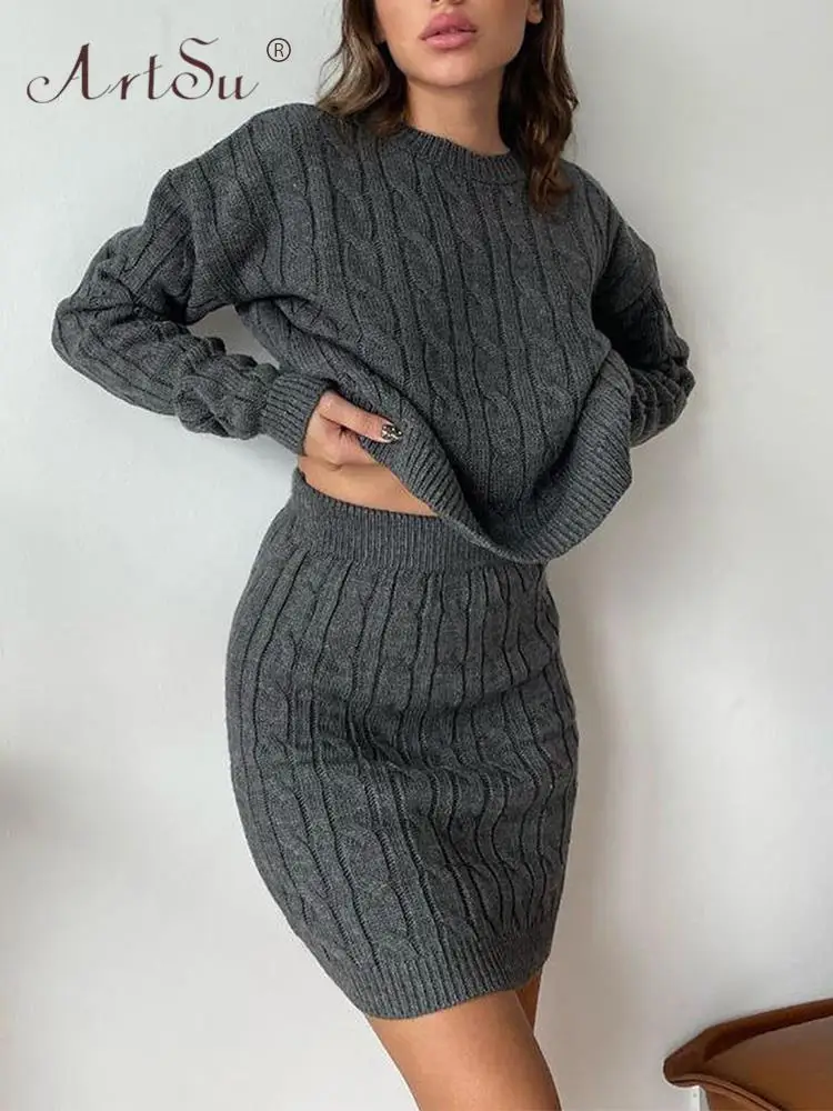 

ArtSu Jacquard Knitted Women Set Long Sleeve Sweater Top Mini Skirts Casual Two Piece Sets Sexy Outfits Party Club ANDYSU1659