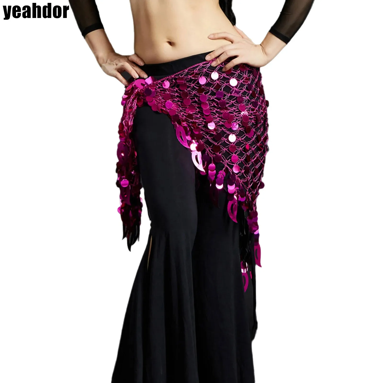 Womens Belly Dance Hip Skirt Round Sequins with Fringe Triangle Hip Scarf Lace-up Dance Hip Scarf for Cha-Cha Tango Party