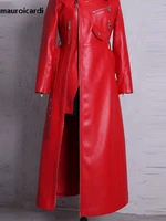 Mauroicardi printemps automne longue équipée rouge Pu cuir Biker robe femmes fermeture éclair ceinture élégant luxe concepteur hors épaule vêtements 4