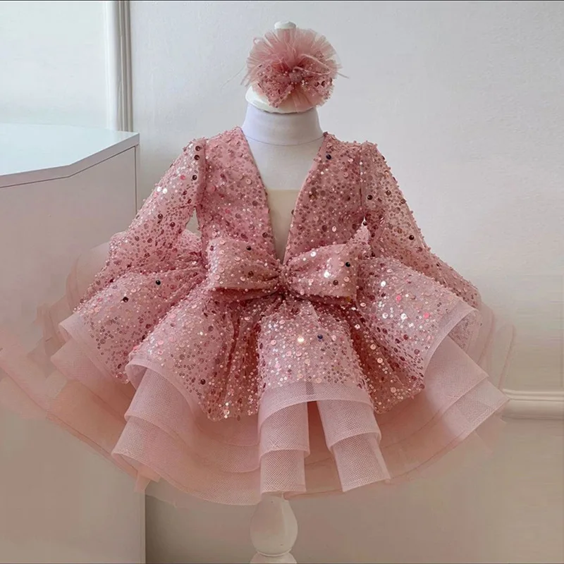 

Spanish vintage court girls dress beaded baby bubble sleeve bow princess dress for girls 1st birthday party baby dress clothes