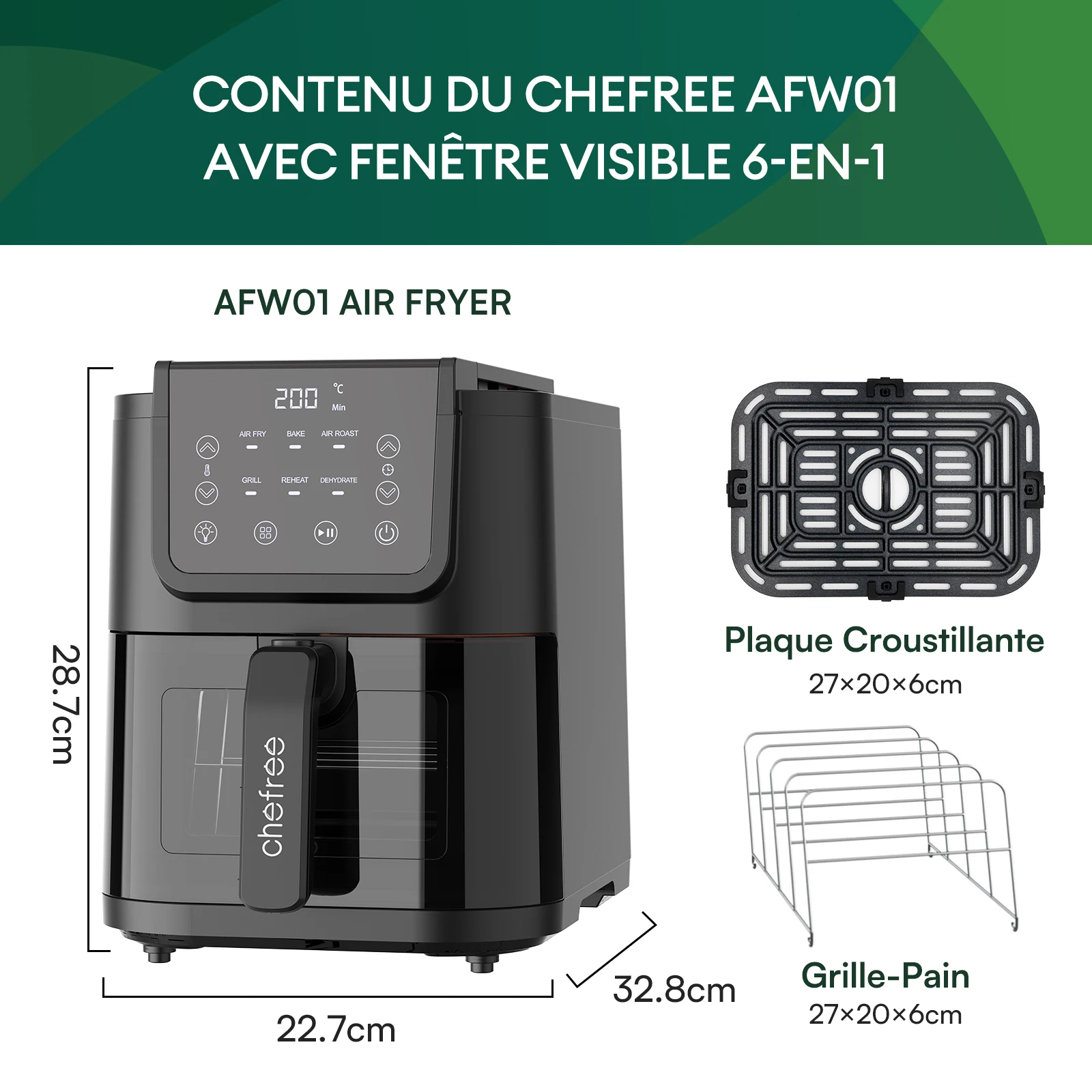 CHEFREE AFW01 Friteuse Sans Huile, Air Fryer Avec Fenêtre Visible