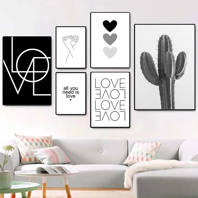 Black And White Cactus Love Hearts Canvas Painting Hand In Hand Poster Minimalist Quotes Decor Modern Wall Art Prints Home Decor 1