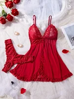 Sexy Lace Lingerie Set for Women, Red Sleepwear Nightdress with Matching Panties, V-Neck Sheer Lace Camisole, Romantic Night