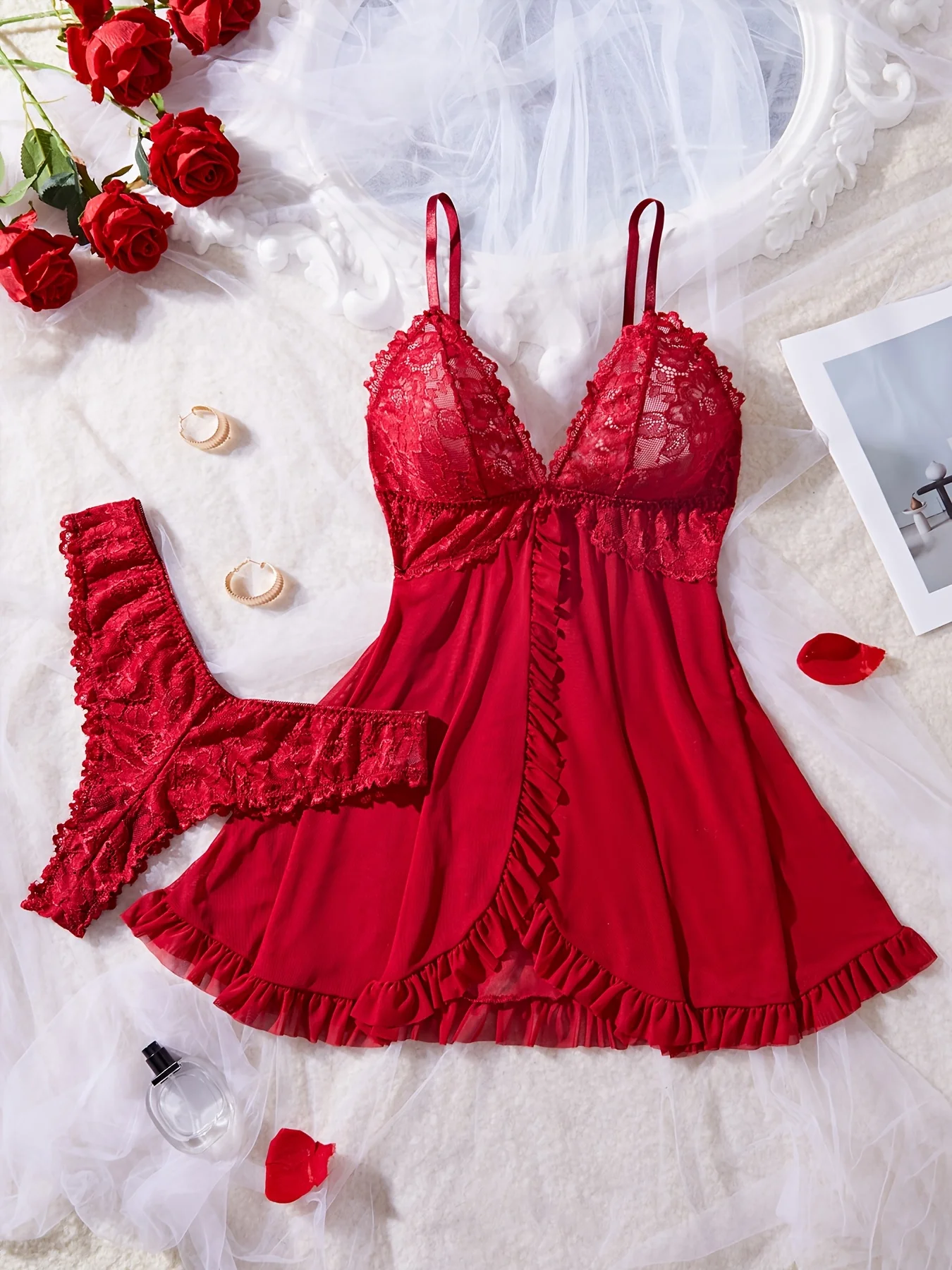 Sexy Lace Lingerie Set for Women, Red Sleepwear Nightdress with Matching Panties, V-Neck Sheer Lace Camisole, Romantic Night