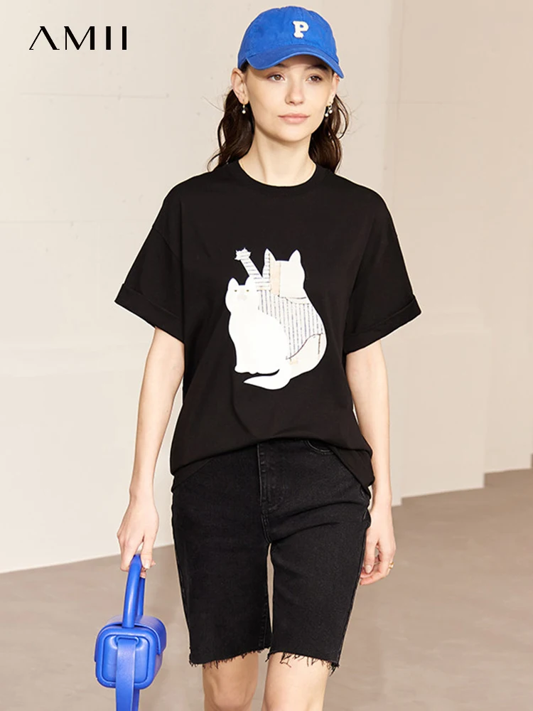

AMII Minimalism T-shirts for Women 2023 Elegant Fashion Cat Printed Cute Loose Niche Design Tshirt O-neck Pullover Tops 12322085