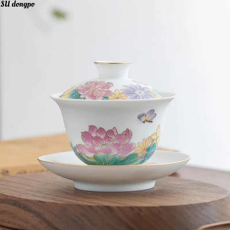 

Lotus Gaiwan Paint In Gold White Porcelain Tea Tureen Single Large Tea Making Bowl Jingdezhen Thin Body Kung Fu Tea Set