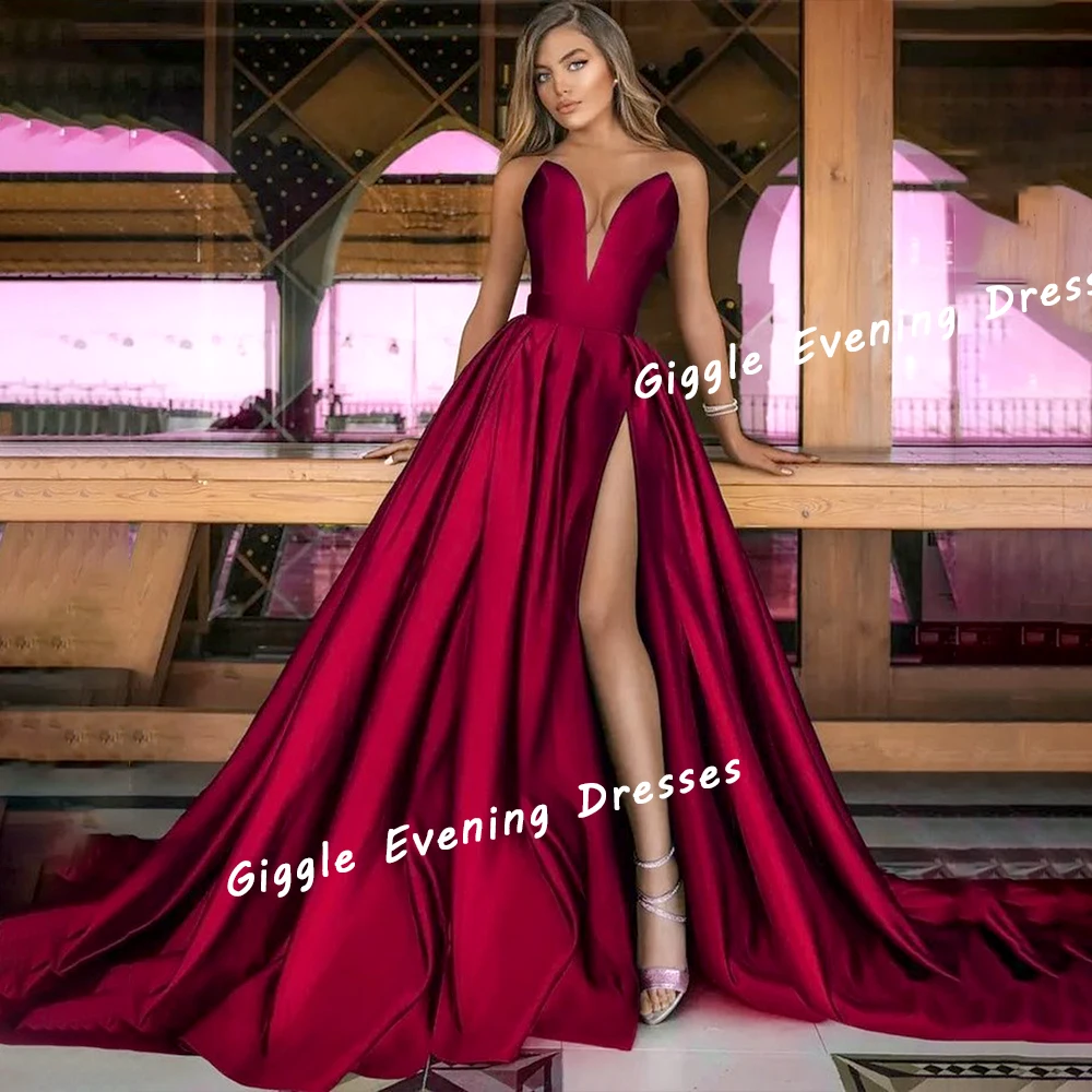 

Giggle Satin V-Neck Draped Sleeveless Elegance Prom Gown Saudi Arab High Slit Floor-Length Evening Party Dresses for Women 2024