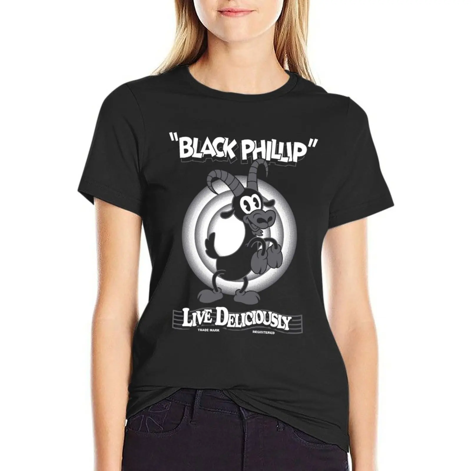 

Black Phillip - Vintage Cartoon - Witch - Goth Occult Live Deliciously Classic . T-shirt