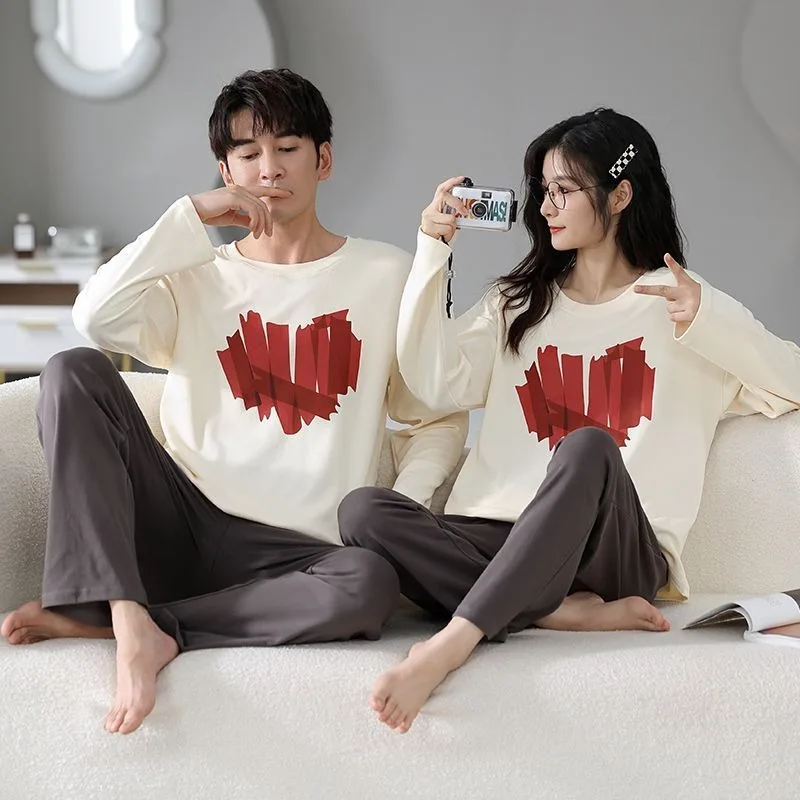 2024 Latest Spring Autumn Cotton Couple Pajamas Men Women Cartoon Nightdress Crewneck Print Home Suit Set Casual Loose Sleepwear 2023 summer couple pajamas set new cartoon loose cotton nightwear mujer casual home suit sweet sleepwear for women men