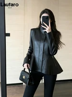 Vestes en cuir PU souple rétro noir pour femmes Lautaro, printemps-automne, col montant zippé, vêtements élégants de luxe de créateur 3
