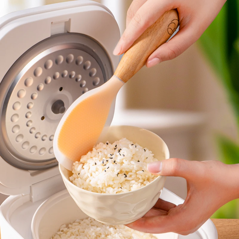 Shanju Vertical Silicone Rice Spoon with Wooden Handle Non-stick Anti-scalding Durable Food Shovel Cooking Durable Kitchen Toods