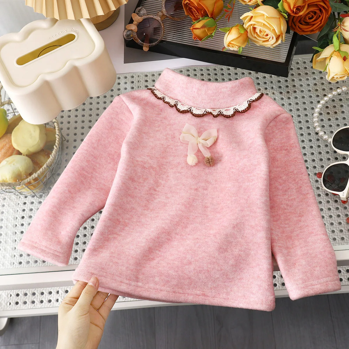 가을과 겨울에 소녀들을 위한 언더코트, 어린이들을 위한 플리스 추가 여아용 하프 하이넥 따뜻한 상의. 두꺼운 병