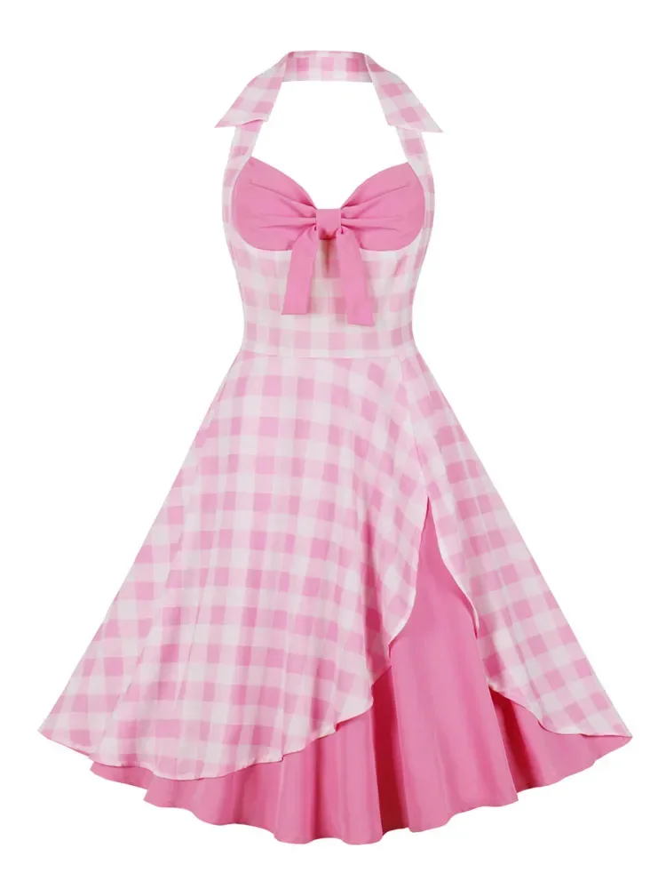 

2023 New Harajuku Vintage Sexy Pink Dresses for Women Halter Backless Bow Front Plaid Patchwork Prom Party Birthday Midi Dress
