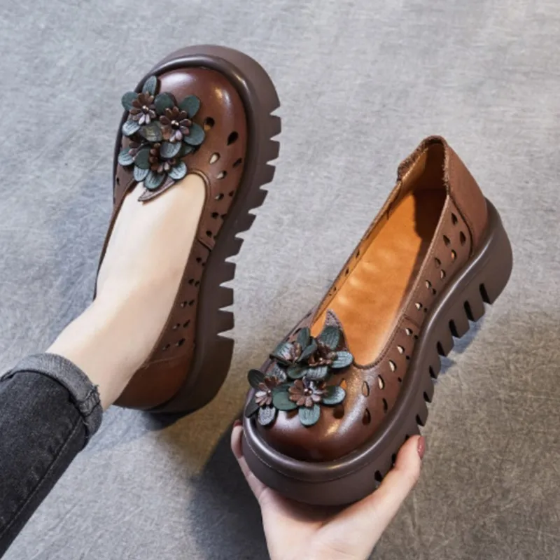 

YourSeason Women Vintage Platform Flats Handmade Genuine Leather Ladies Hollowed Out Flower Round Toe Lightweight Sandals