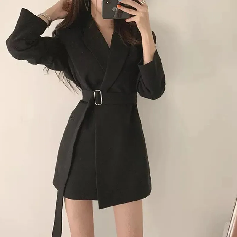 Online celebrity small suit medium length chicr retro waistband Korean version casual temperament ins suit jacket female