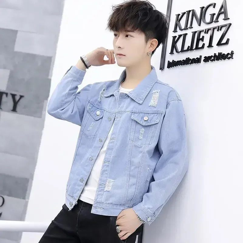 

Blue Button Jeans Coat for Men Light with Hole Ripped Denim Jackets Man Free Shipping Low Cost Lxury Japanese Vintage Joker G