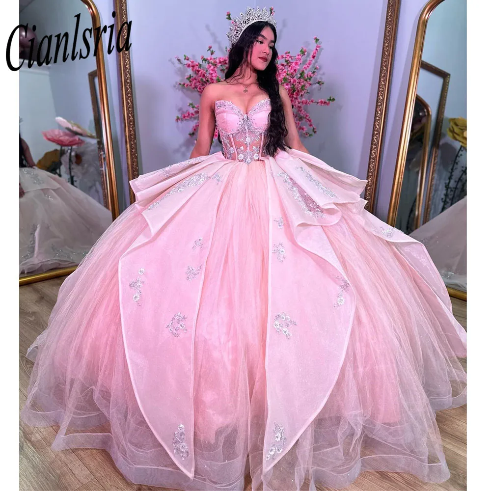 

Pink Illusion Beading Crystal Quinceanera Dresses Ball Gown Strapless Detachable Skirt Appliques Sweet 15 Vestidos De XV Años