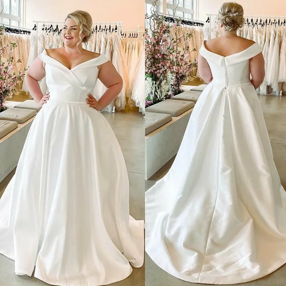 

Off Shoulder A Line Wedding Dresses 2024 with Sleeveless Sweep Train Satin Plus Size Bridal Gowns vestidos de novia