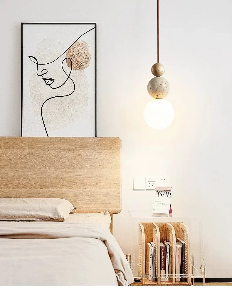 Description Picture 4 of itemModern Natural Stone Wood Pendant Light Travertine LED Chandelier for Bedside Bedroom Restaurant Bar Samll Light Fixtures