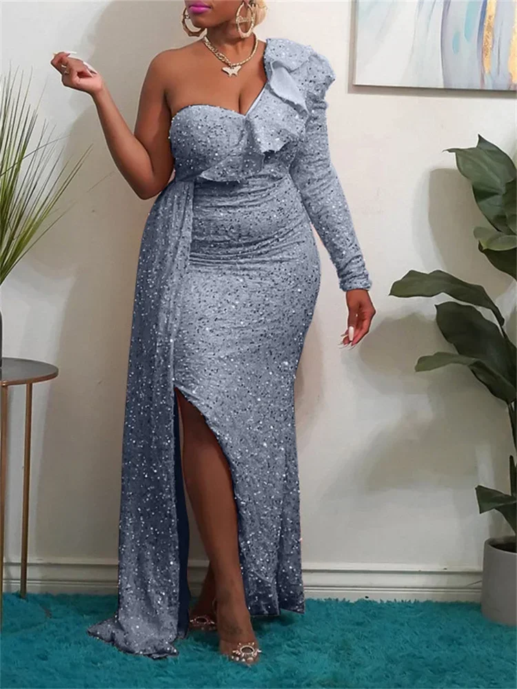 Wmstar Party Dresses for Women S-2XL Single Sleeve Sexy Bodycon Sequined Elegant Maxi Dress Club Outfits Wholesale Dropshipping