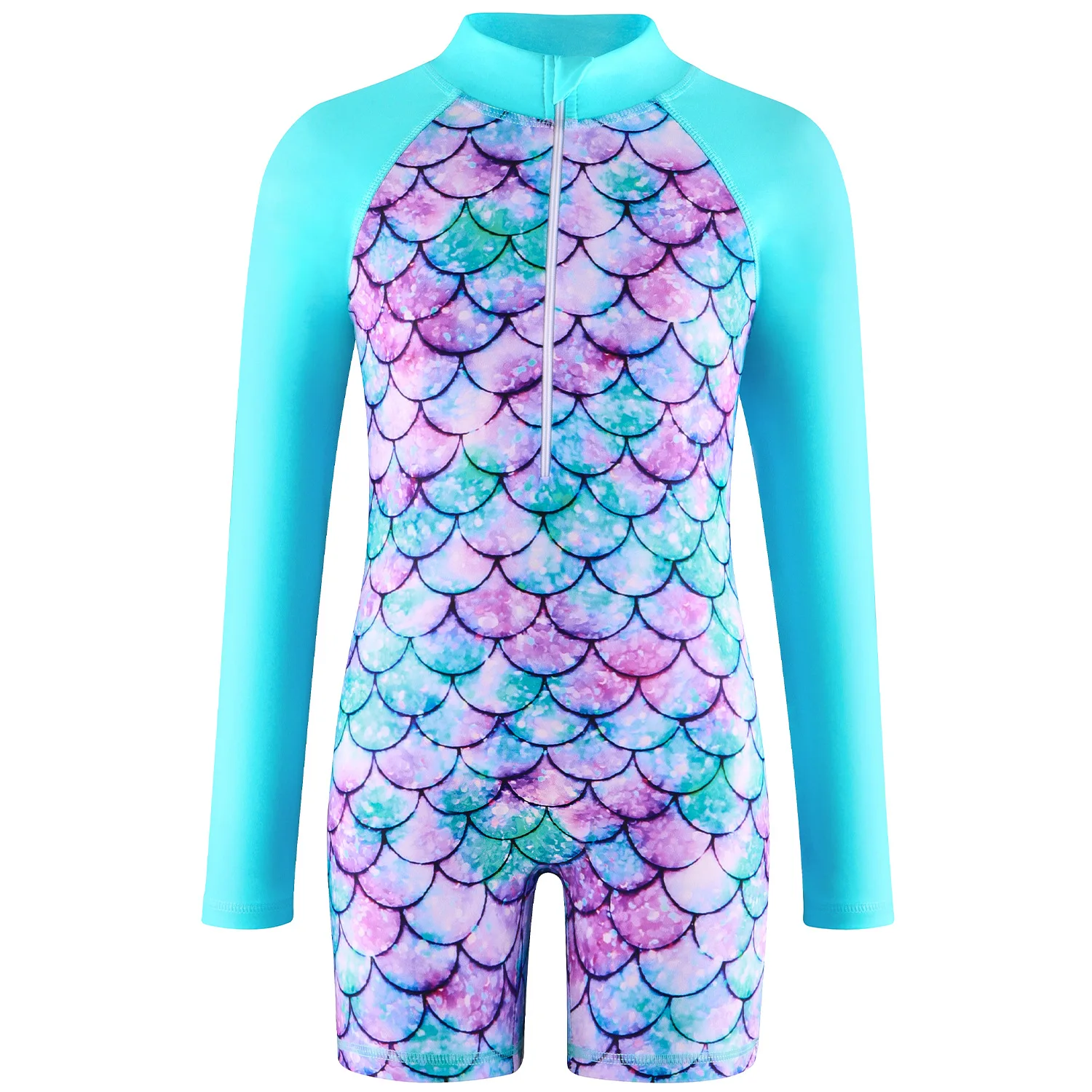 2024 Summer Girls Mermaids Long Sleeves Round Neck One-piece Swimsuit For 4-12Years Children Fish Scale 3D Print Bathing Suit 6