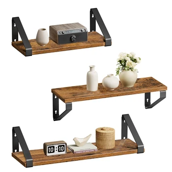 Feriales Wandregal 3er Set Industrial Design Schweberegal Holz & Metall Vintage Deko Regal für Wohnzimmer Küche Dunkelbraun 2