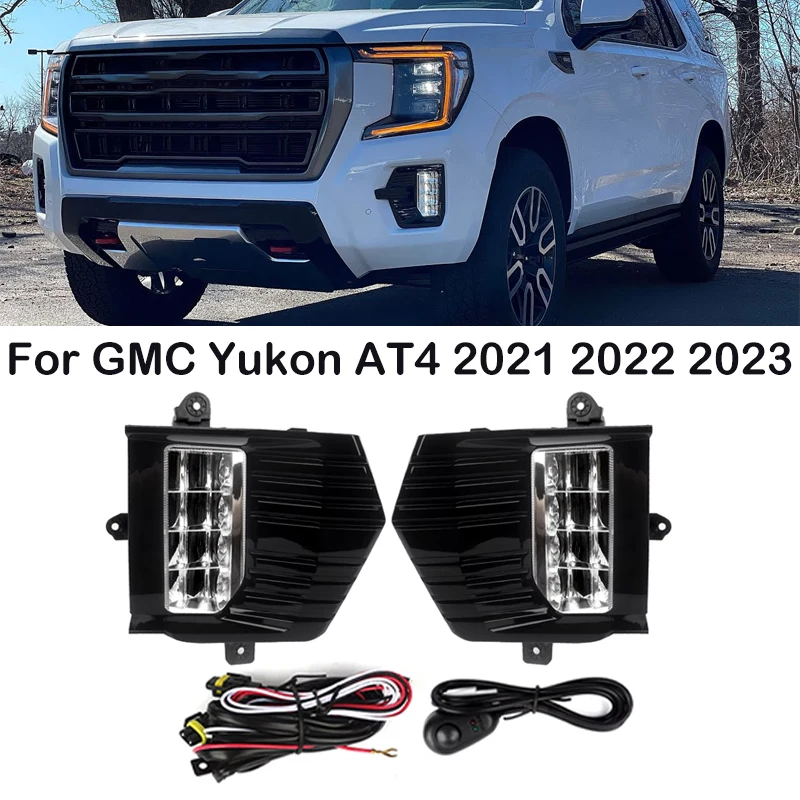 For GMC Yukon AT4 2021 2022 2023 Front Bumper Fog Light Clear Lens LED Fog Lamp Assembly With Cover Frame Harness Wires Switch