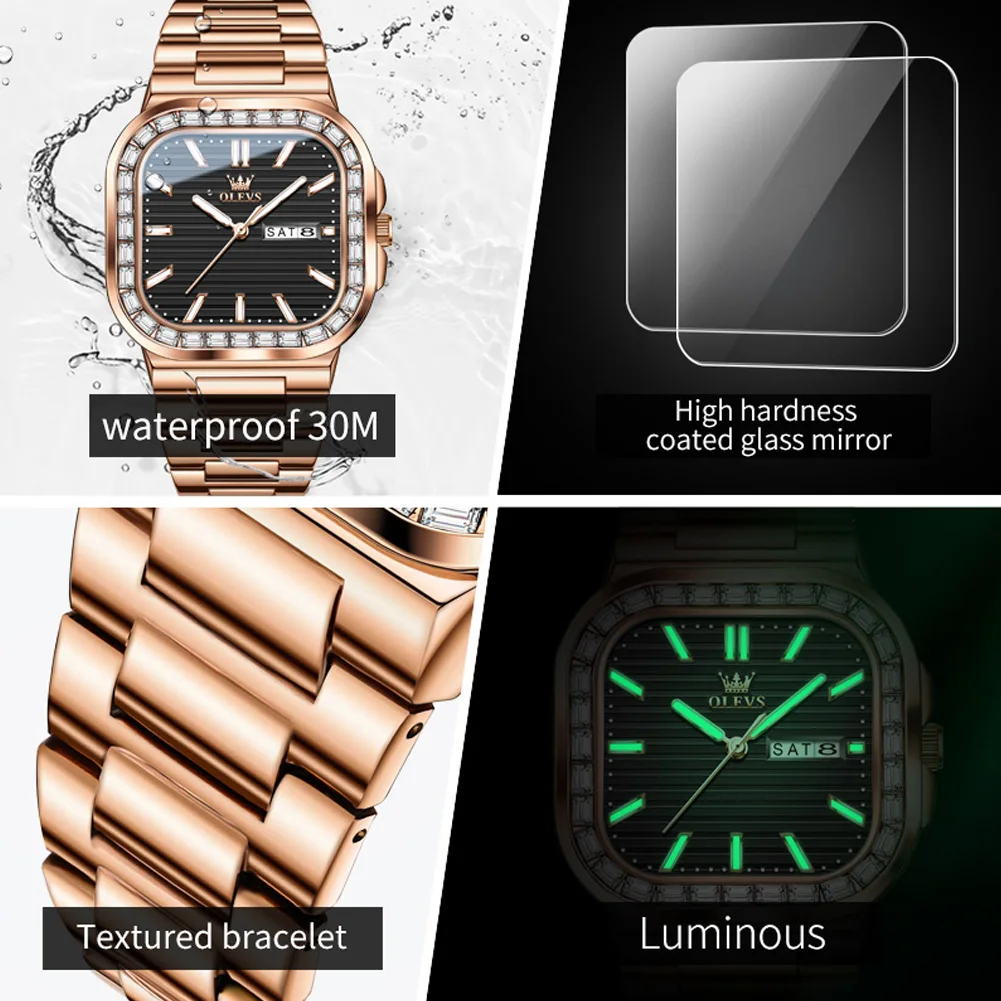 OLEVS Brand New Luxury Diamond Quartz Watch for Men Stainless Steel Waterproof Luminous Calendar Fashion Square Watches Mens