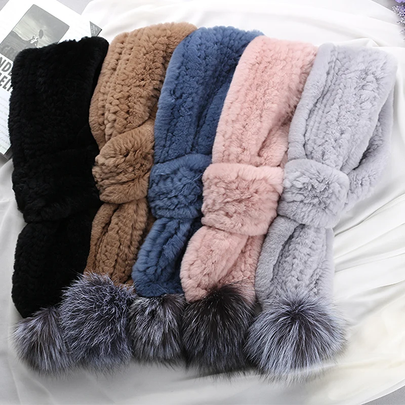 winter fur scarf real knit rex rabbit fur scarf with silver fox fur bigger balls fur pompoms fox fur shawls neckwarmer