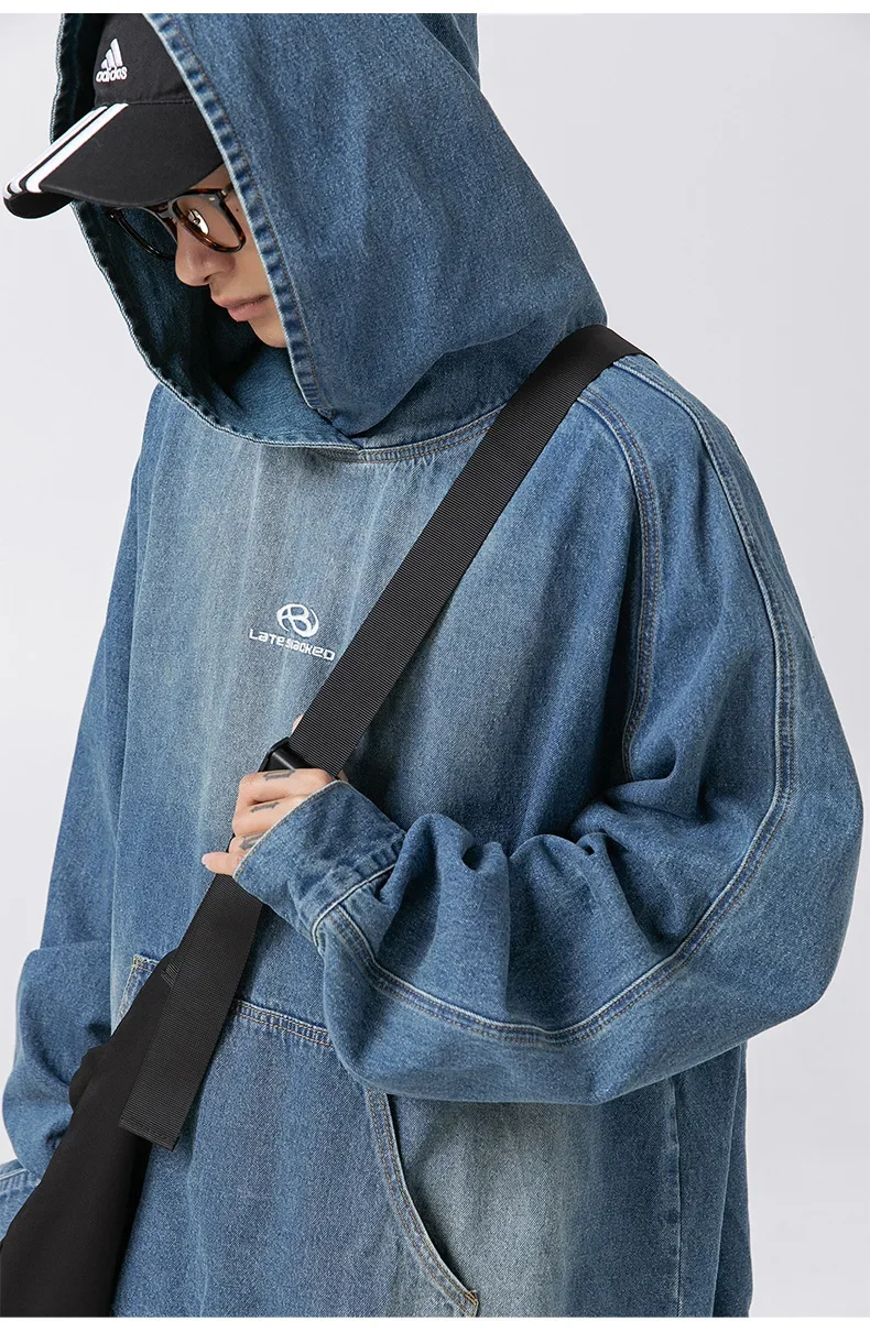 Vintage Denim Hoodie Loose Pullover Black Hooded Women's Denim Jacket Mens Harajuku Oversized Hip Hop Streetwear Y2K Clothing