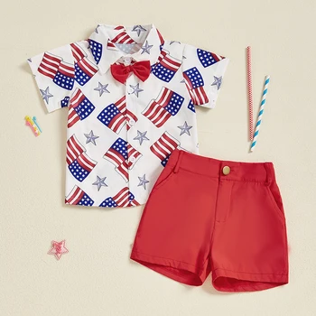 Infant Boy Independence Day Apparel Red White Blue Star Stripe Print Bowtie Top Shorts Set Kids Clothing for July 4th 1