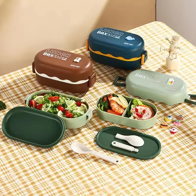850ML 휴대용 더블 레이어 도시락 상자 식기로 봉인 된 누출 방지 쌓을 수있는 식품 저장 용기가있는 전자 레인지 도시락 상자