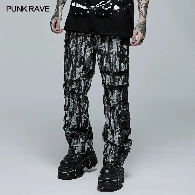 

PUNK RAVE Men's Punk Stylish Abstract Print Straight Trousers Denim Casual Pants Large Metal Decorative Buckle Streetwear