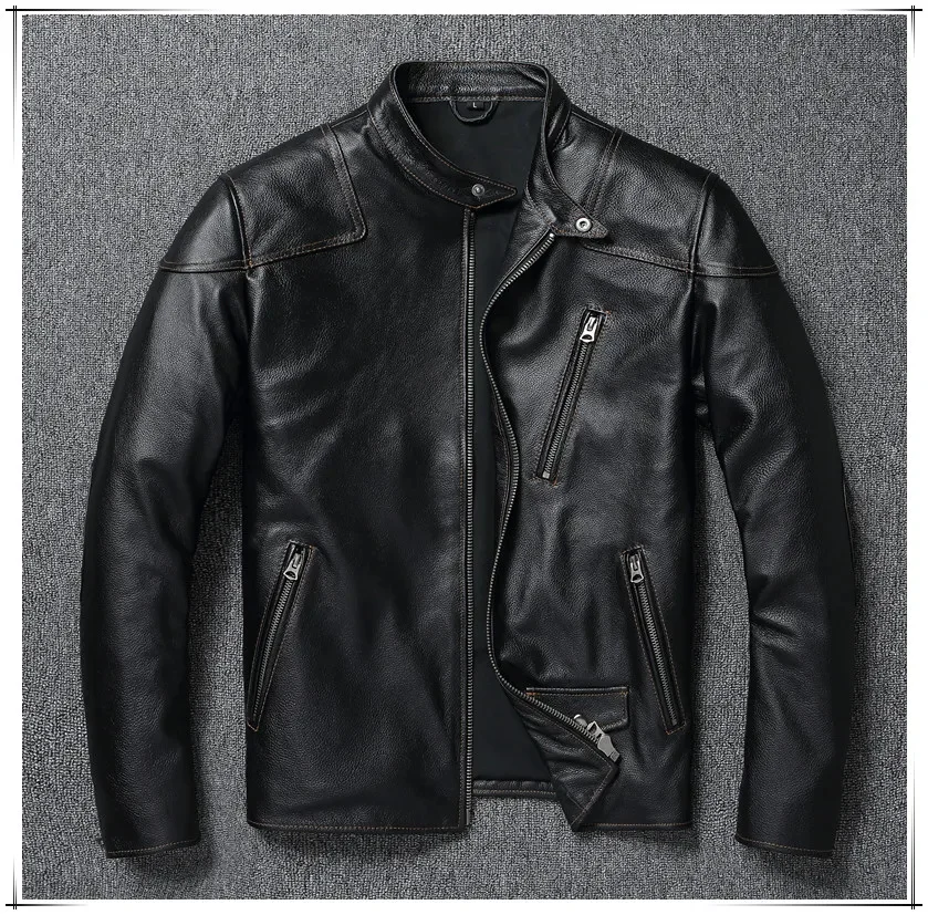 

YR!Free shipping.Wholesales.Rider slim black cowhide jacket.Asian size men cool genuine coat.quality leather cloth