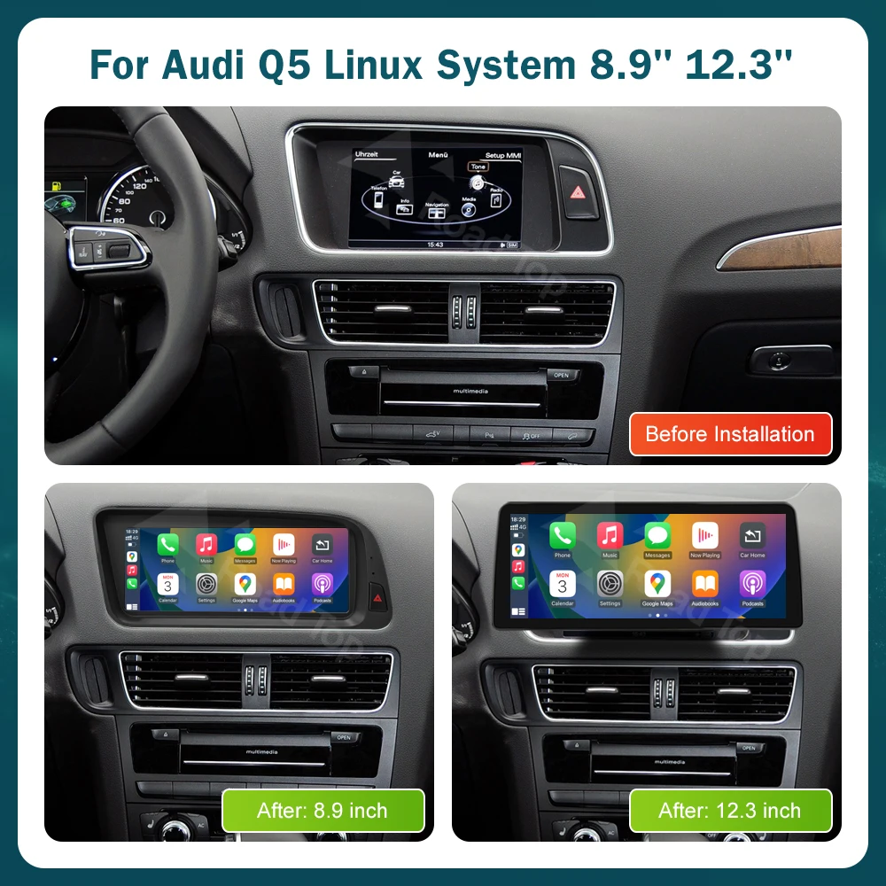 RoadTop 12,3 pulgadas inalámbrico CarPlay Multimedia pantalla ultrafina Android Auto para Audi Q5 2009-2017 función Airplay Autolink 3