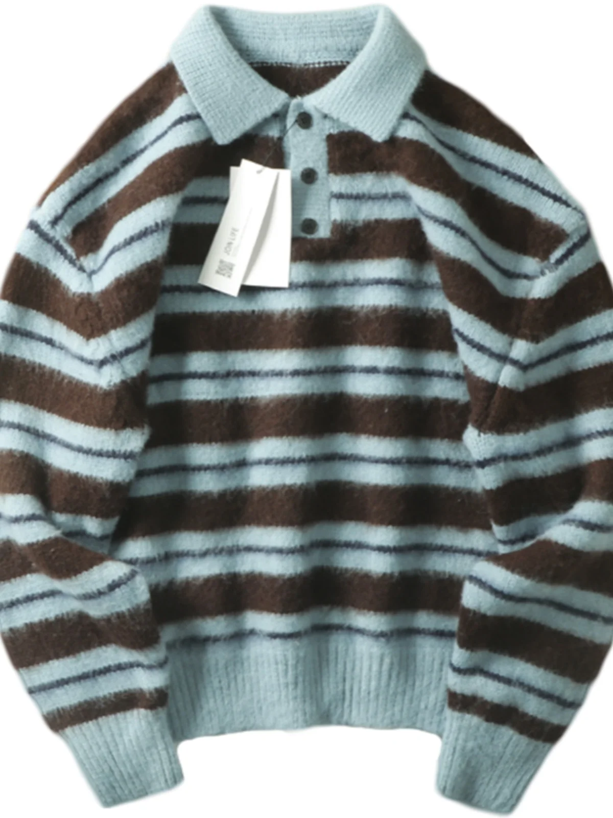 Loose Fit Men's Knitted Stripe Sweater Faion Urban Sle Turn-down Collar Long Sve Winter Top Trendy Streetwear