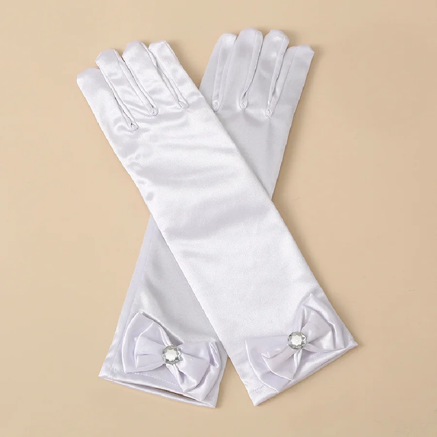 Children's satin princess gloves girl's butterfly shiny face knot dance performance stage gloves crystal all finger gloves satin gloves children gloves