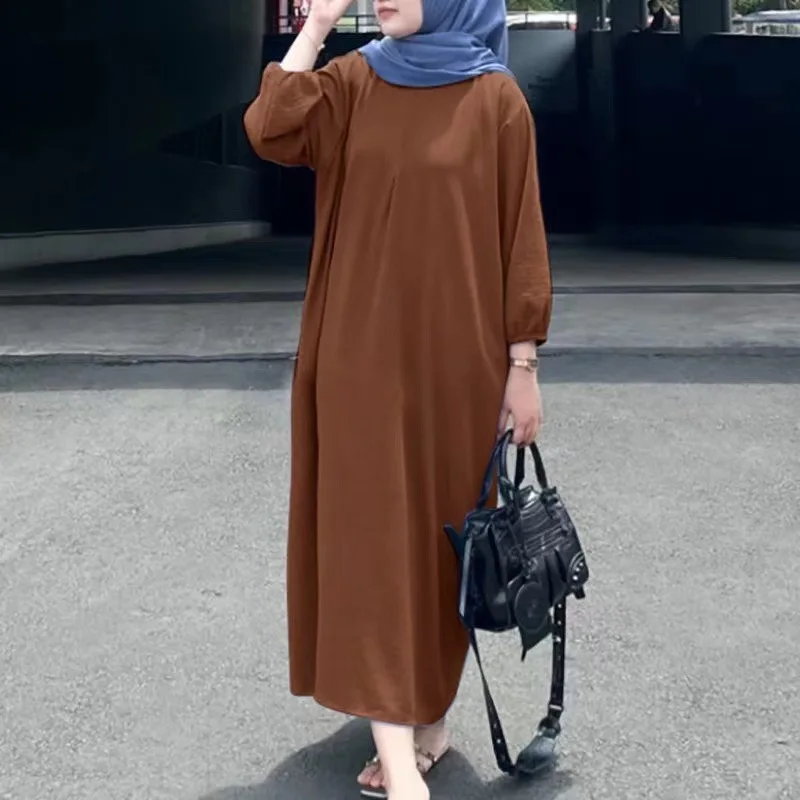 fashion-spring-and-autumn-new-dress-women's-puff-sleeve-solid-color-vest-robe-ladies-casual-loose-long-dress-abayas-for-women