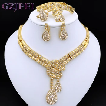 Dubai Gold Color Women Jewelry Sets Classic Design Necklace Earrings Charm Bracelet Ring Banquet Party Jewelry 18K Gold Plated 1