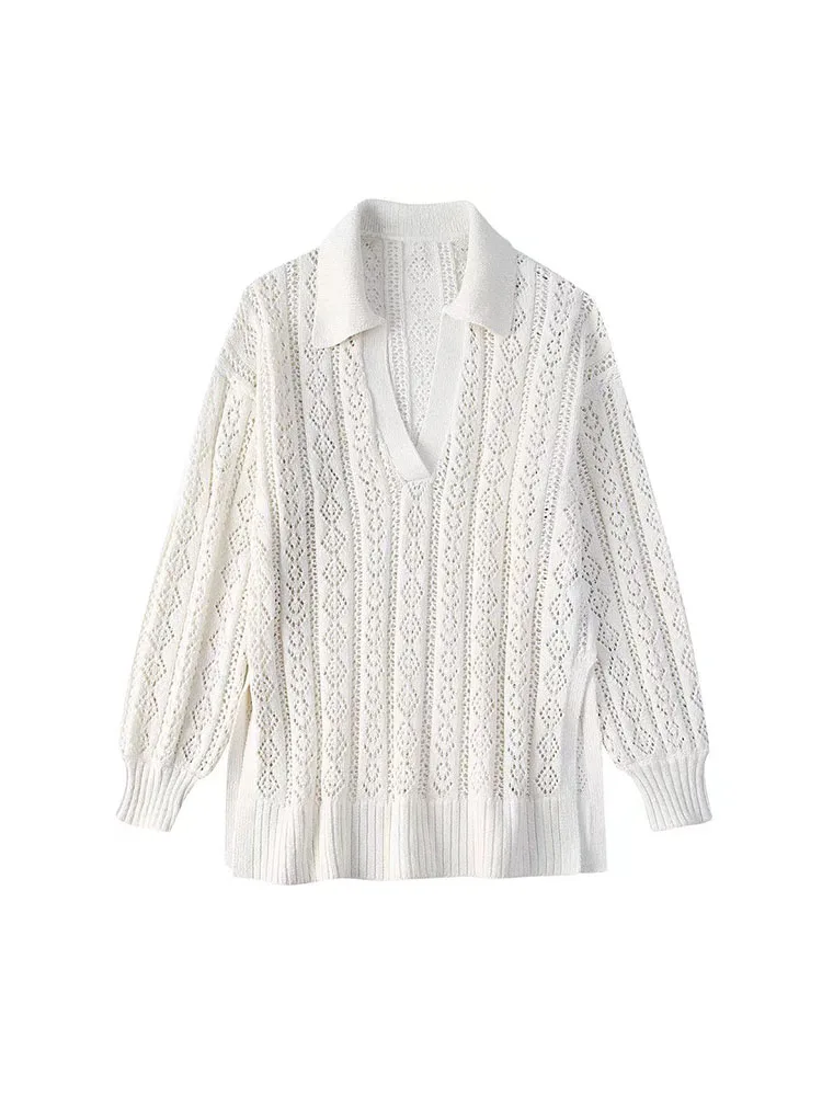 

BBWM 2022 New Women's Spring Autumn Knitted Polo Shirt Chic White V-Neck Long Sleeve Jacquard Mesh Sweater