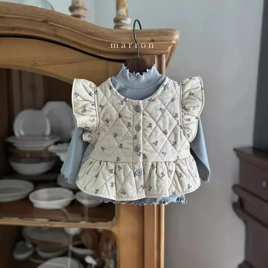 2025 Autumn New Baby Girl Sleeveless Floral Vest Coat Infant Thick Warm Vest Kids Girls Clothes Set Toddler Girl Cotton Jacket