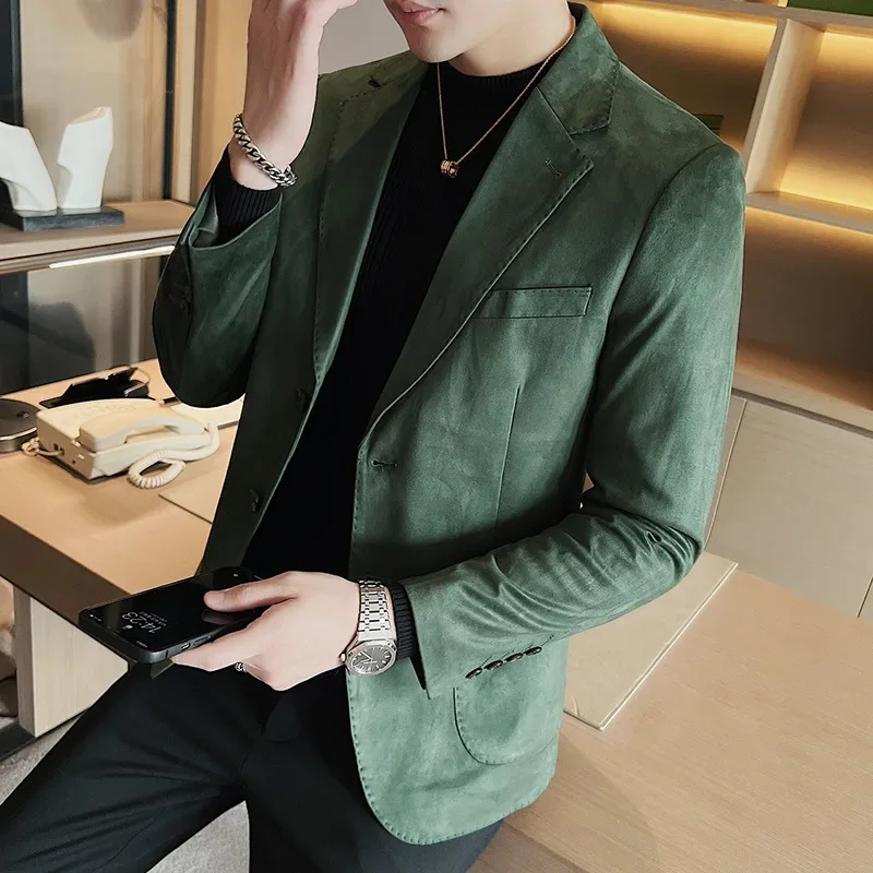 Men Deerskin Velvet Suede Fabric Suit Jacket Slim Suit Jacket Male Casual Business Single Button Blazer Coat Plus Size Xxxl