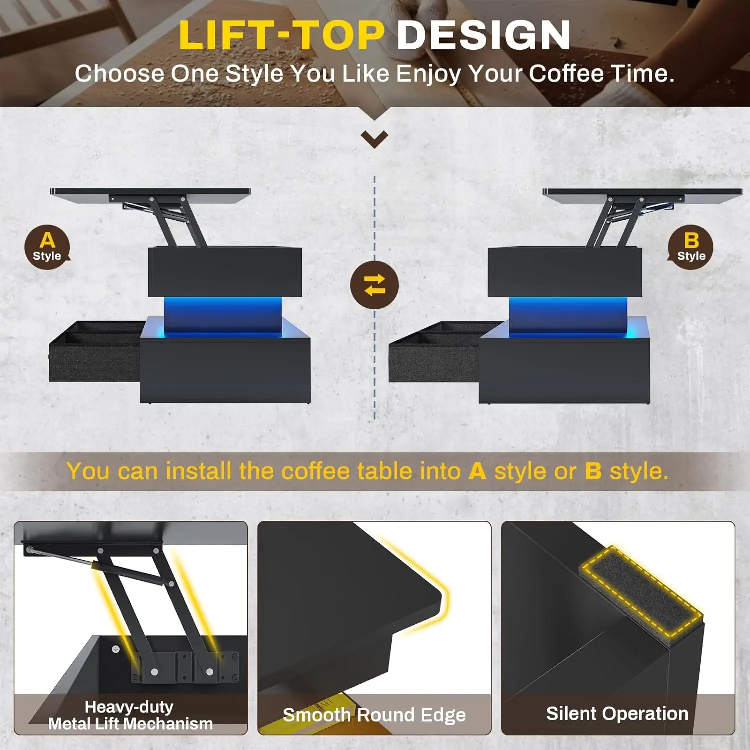 40" Lift Top Coffee Table, Coffee Tables with Storage for Living Room, Small Coffee Table with 2 Drawers & LED Light 6