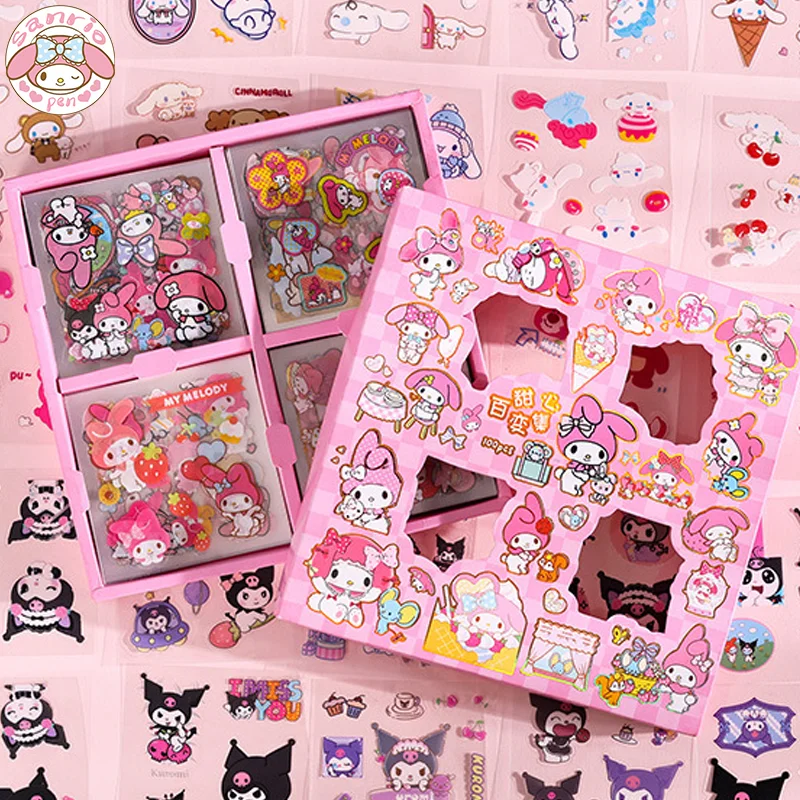 

Sanrio комбинированные наклейки 100 листов Kawaii Kuromi Cinnamoroll Melody Diy детские наклейки Стикеры игрушка креативные подарки в коробке